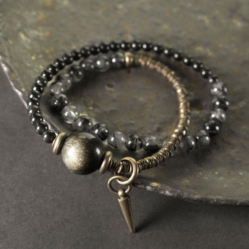 Fortune Jewel Gold Sheen Obsidian Black Rutilated Quartz Copper Brass Double Wrap Protection Bracelet