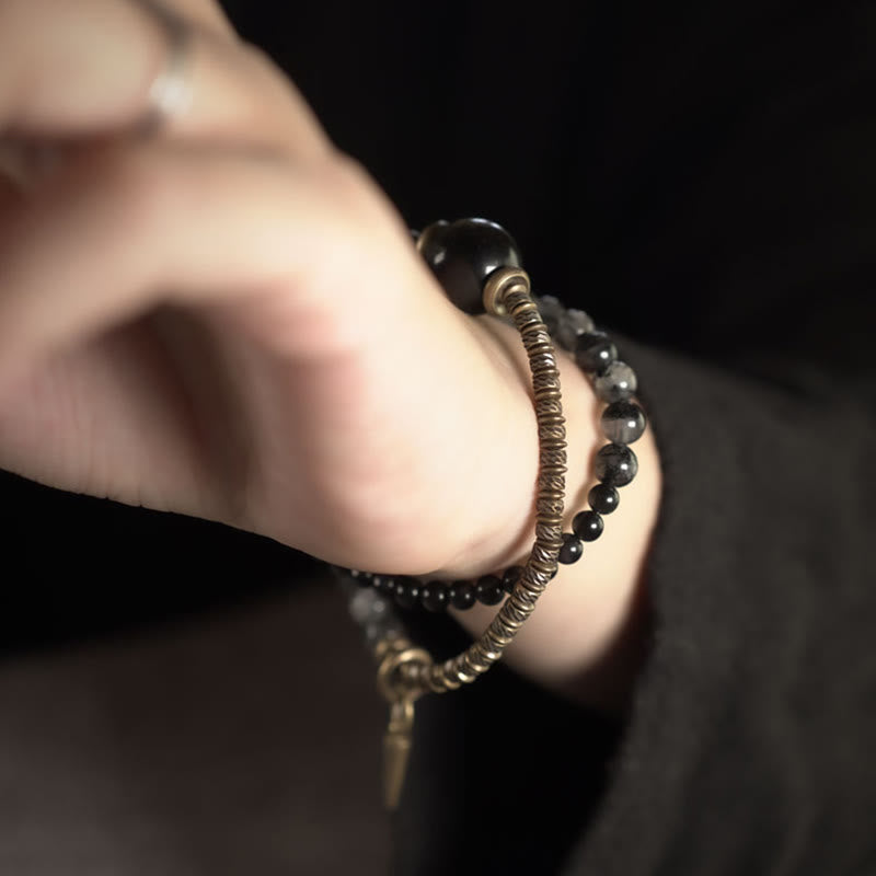 Fortune Jewel Gold Sheen Obsidian Black Rutilated Quartz Copper Brass Double Wrap Protection Bracelet