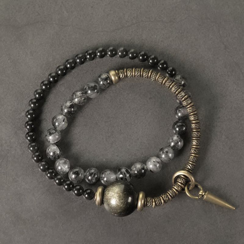 Fortune Jewel Gold Sheen Obsidian Black Rutilated Quartz Copper Brass Double Wrap Protection Bracelet