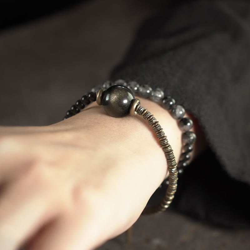 Fortune Jewel Gold Sheen Obsidian Black Rutilated Quartz Copper Brass Double Wrap Protection Bracelet