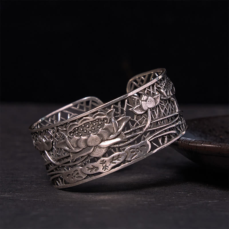 Fortune Jewel Hollow Lotus Silver Plated Copper Healing Enlightenment Bracelet Bangle