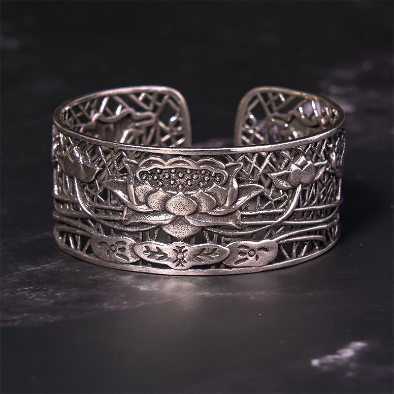 Fortune Jewel Hollow Lotus Silver Plated Copper Healing Enlightenment Bracelet Bangle
