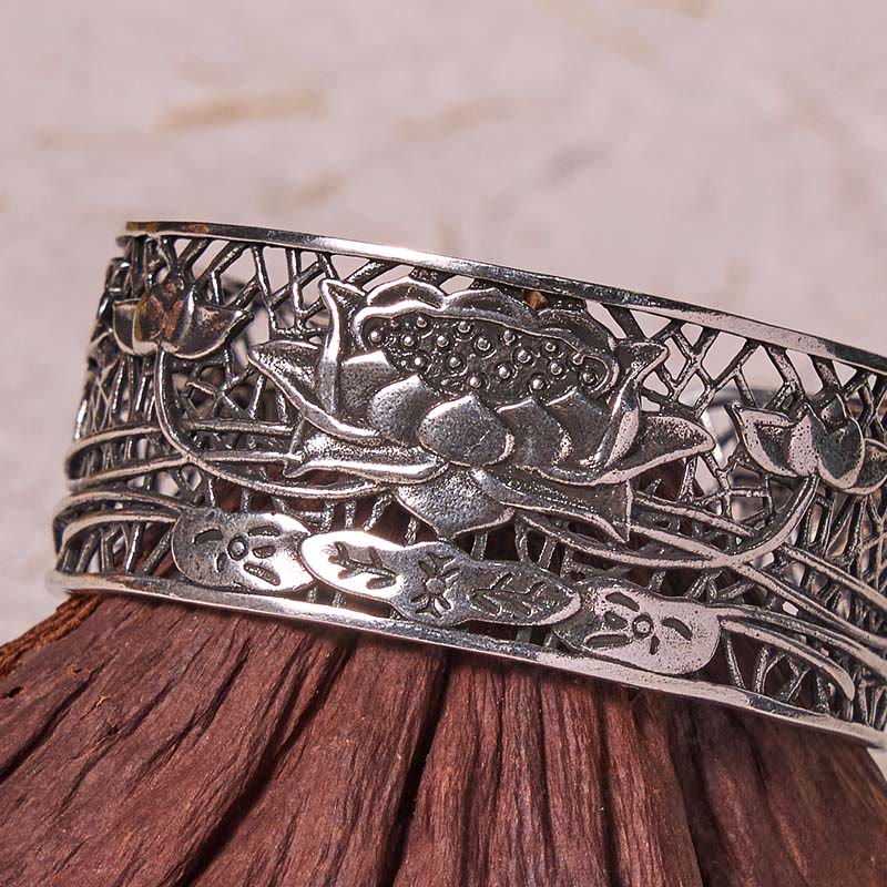 Fortune Jewel Hollow Lotus Silver Plated Copper Healing Enlightenment Bracelet Bangle