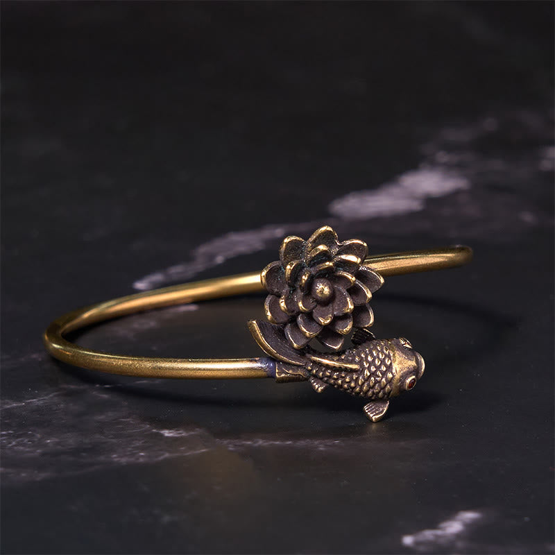 Fortune Jewel Lotus Flower Koi Fish Copper Brass Enlightenment Luck Bracelet Bangle