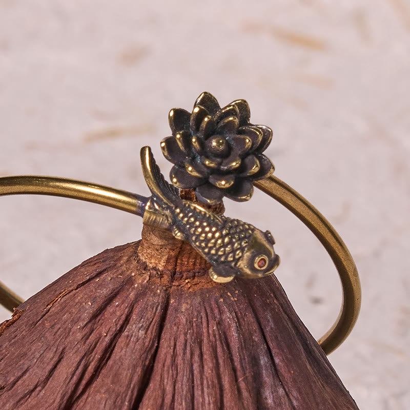 Fortune Jewel Lotus Flower Koi Fish Copper Brass Enlightenment Luck Bracelet Bangle