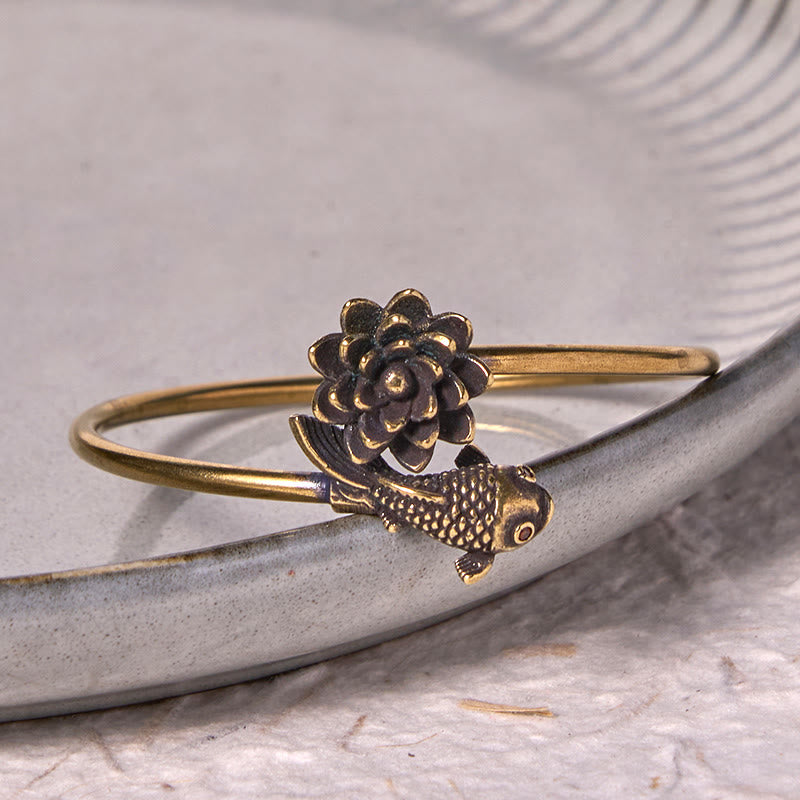 Fortune Jewel Lotus Flower Koi Fish Copper Brass Enlightenment Luck Bracelet Bangle