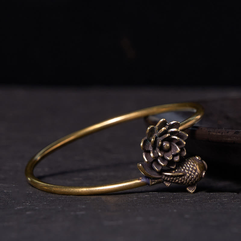 Fortune Jewel Lotus Flower Koi Fish Copper Brass Enlightenment Luck Bracelet Bangle
