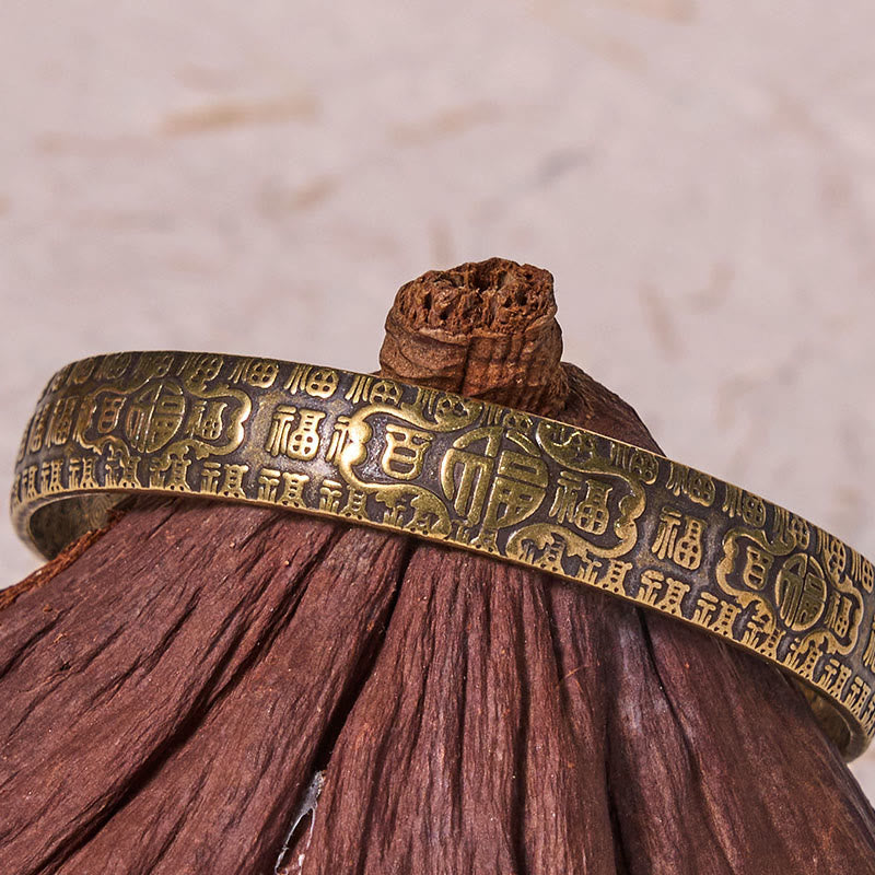 Fortune Jewel Hundred Blessings Fu Character Copper Brass Luck Bracelet Bangle