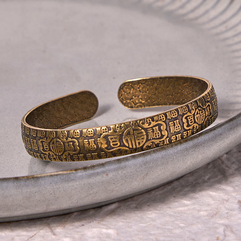 Fortune Jewel Hundred Blessings Fu Character Copper Brass Luck Bracelet Bangle