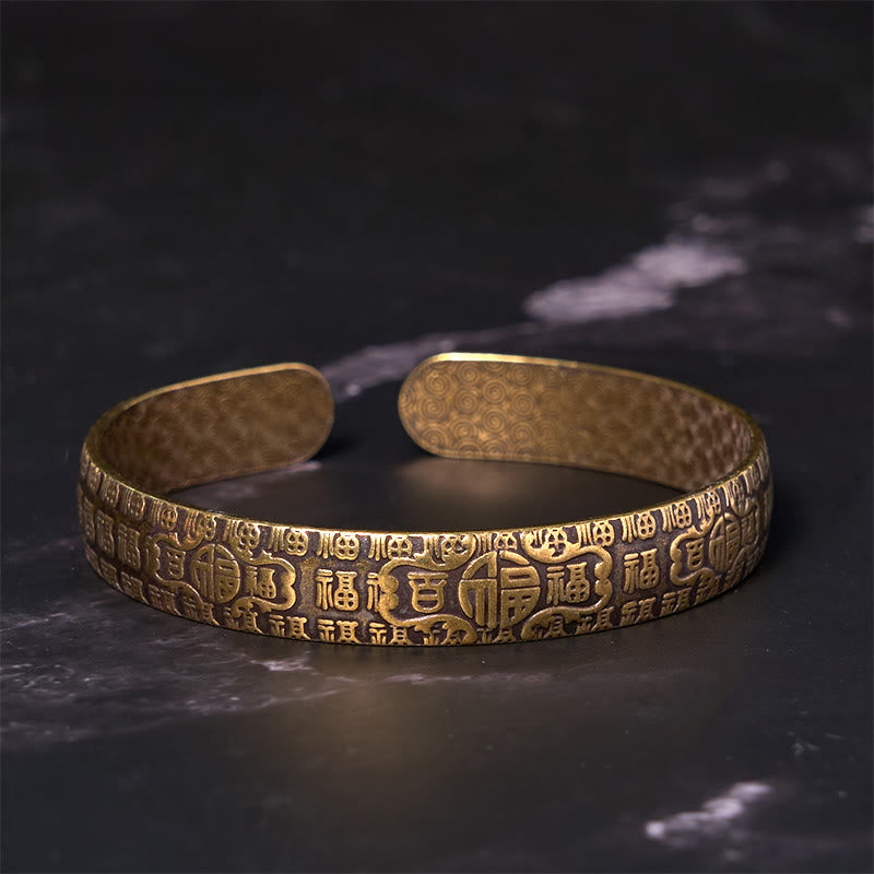 Fortune Jewel Hundred Blessings Fu Character Copper Brass Luck Bracelet Bangle