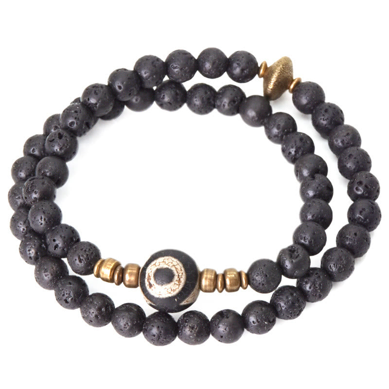 Fortune Jewel Vintage Lava Rock Three-eyed Dzi Bead Copper Brass Beads Double Wrap Healing Bracelet