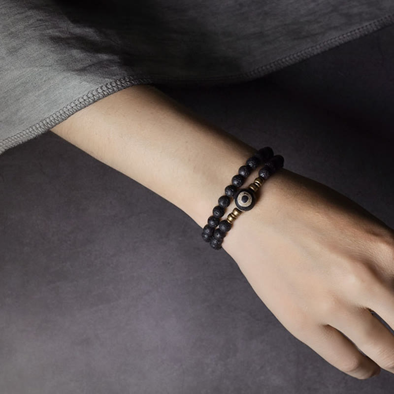 Fortune Jewel Vintage Lava Rock Three-eyed Dzi Bead Copper Brass Beads Double Wrap Healing Bracelet