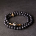 Fortune Jewel Vintage Lava Rock Three-eyed Dzi Bead Copper Brass Beads Double Wrap Healing Bracelet