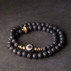 Fortune Jewel Vintage Lava Rock Three-eyed Dzi Bead Copper Brass Beads Double Wrap Healing Bracelet