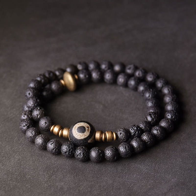 Fortune Jewel Vintage Lava Rock Three-eyed Dzi Bead Copper Brass Beads Double Wrap Healing Bracelet