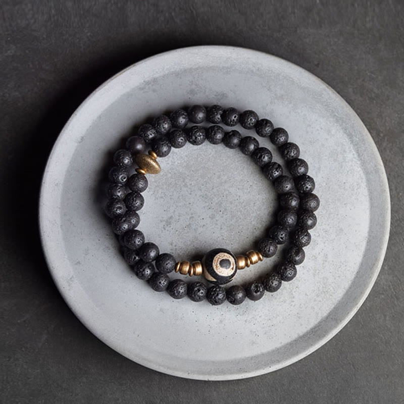 Fortune Jewel Vintage Lava Rock Three-eyed Dzi Bead Copper Brass Beads Double Wrap Healing Bracelet