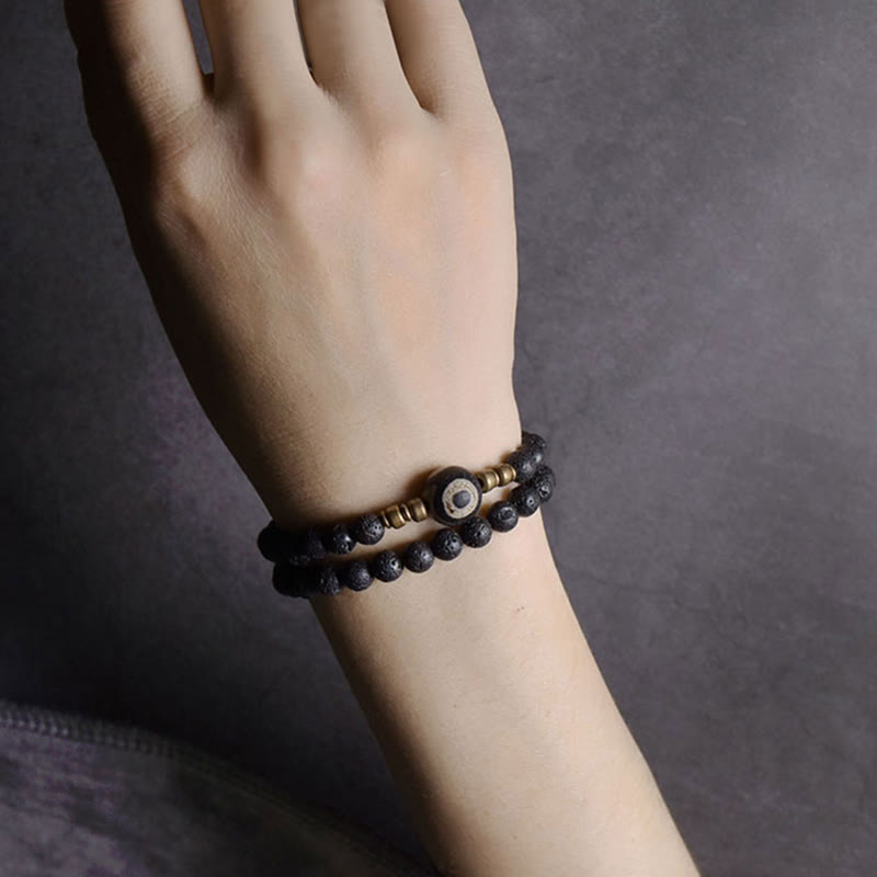 Fortune Jewel Vintage Lava Rock Three-eyed Dzi Bead Copper Brass Beads Double Wrap Healing Bracelet