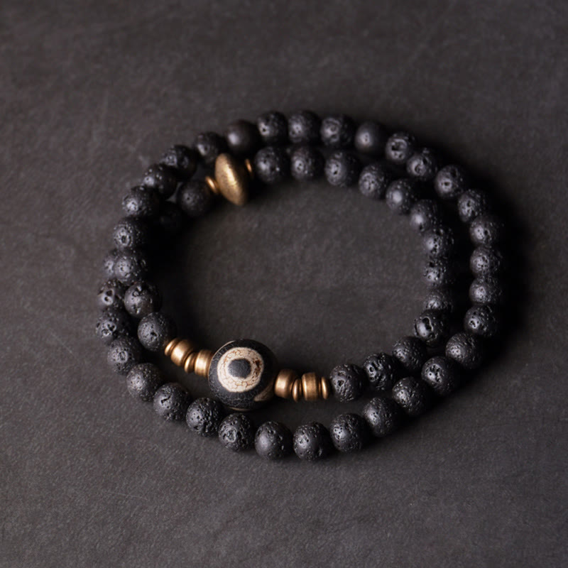 Fortune Jewel Vintage Lava Rock Three-eyed Dzi Bead Copper Brass Beads Double Wrap Healing Bracelet