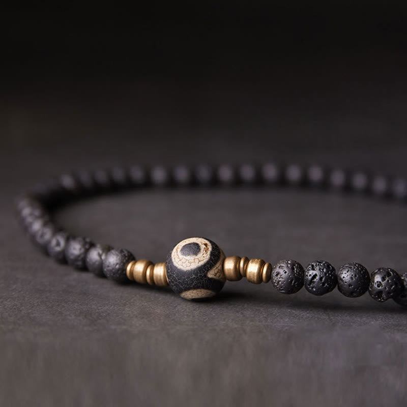Fortune Jewel Vintage Lava Rock Three-eyed Dzi Bead Copper Brass Beads Double Wrap Healing Bracelet