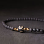 Fortune Jewel Vintage Lava Rock Three-eyed Dzi Bead Copper Brass Beads Double Wrap Healing Bracelet