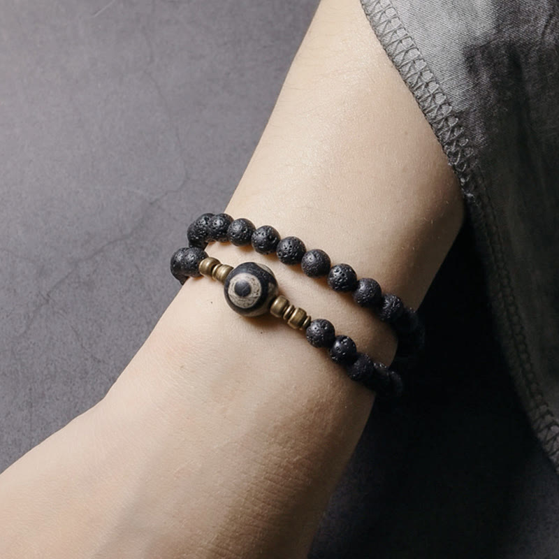 Fortune Jewel Vintage Lava Rock Three-eyed Dzi Bead Copper Brass Beads Double Wrap Healing Bracelet
