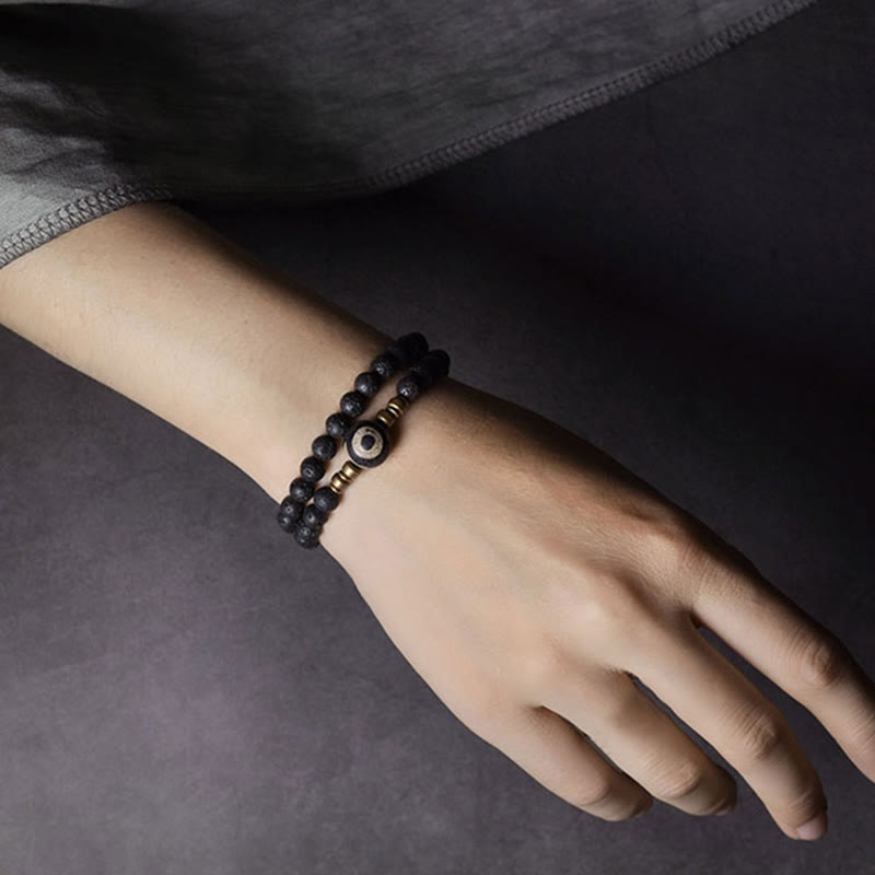 Fortune Jewel Vintage Lava Rock Three-eyed Dzi Bead Copper Brass Beads Double Wrap Healing Bracelet
