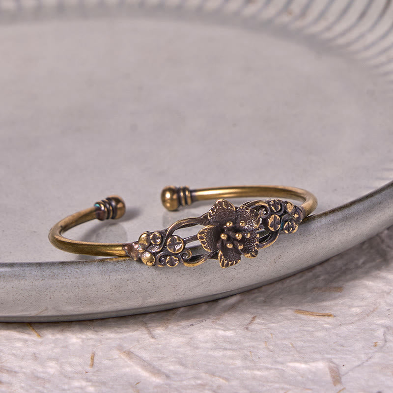 Fortune Jewel Flowers Leaves Copper Brass Luck Healing Cuff Bracelet Bangle