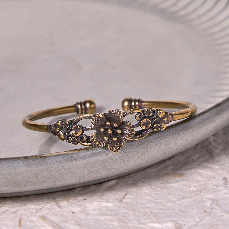 Fortune Jewel Flowers Leaves Copper Brass Luck Healing Cuff Bracelet Bangle