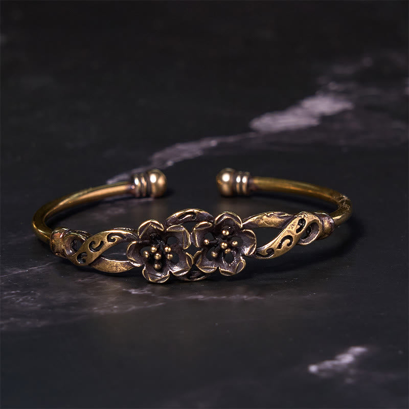 Fortune Jewel Flowers Leaves Copper Brass Luck Healing Cuff Bracelet Bangle