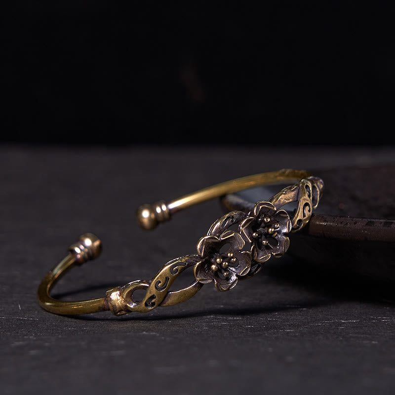 Fortune Jewel Flowers Leaves Copper Brass Luck Healing Cuff Bracelet Bangle