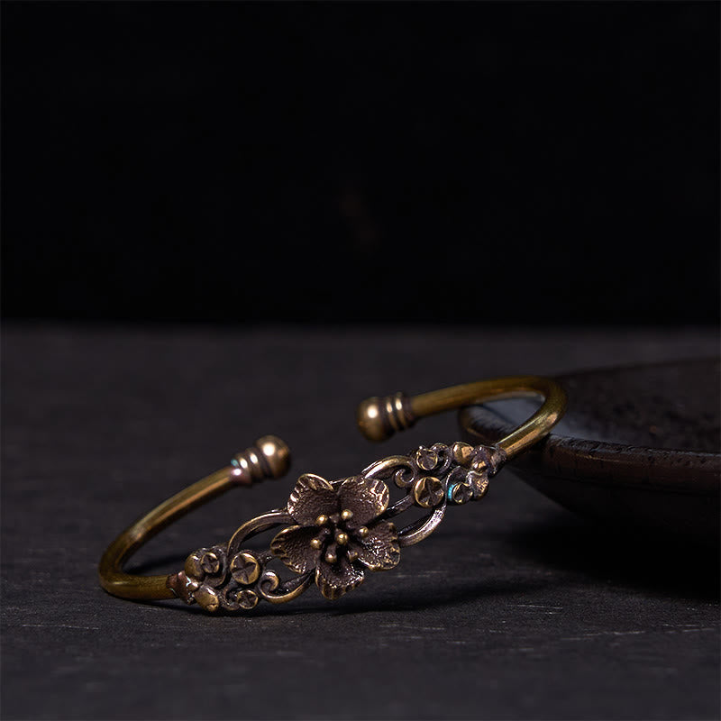 Fortune Jewel Flowers Leaves Copper Brass Luck Healing Cuff Bracelet Bangle