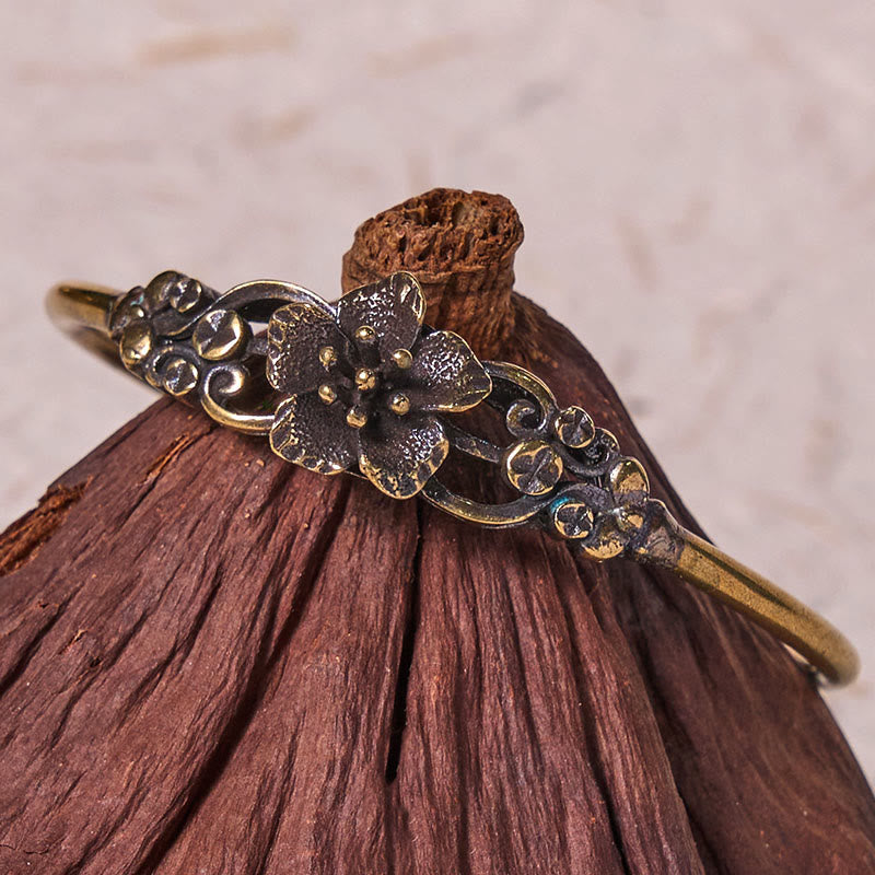 Fortune Jewel Flowers Leaves Copper Brass Luck Healing Cuff Bracelet Bangle