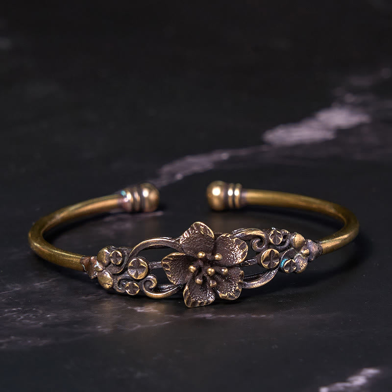 Fortune Jewel Flowers Leaves Copper Brass Luck Healing Cuff Bracelet Bangle
