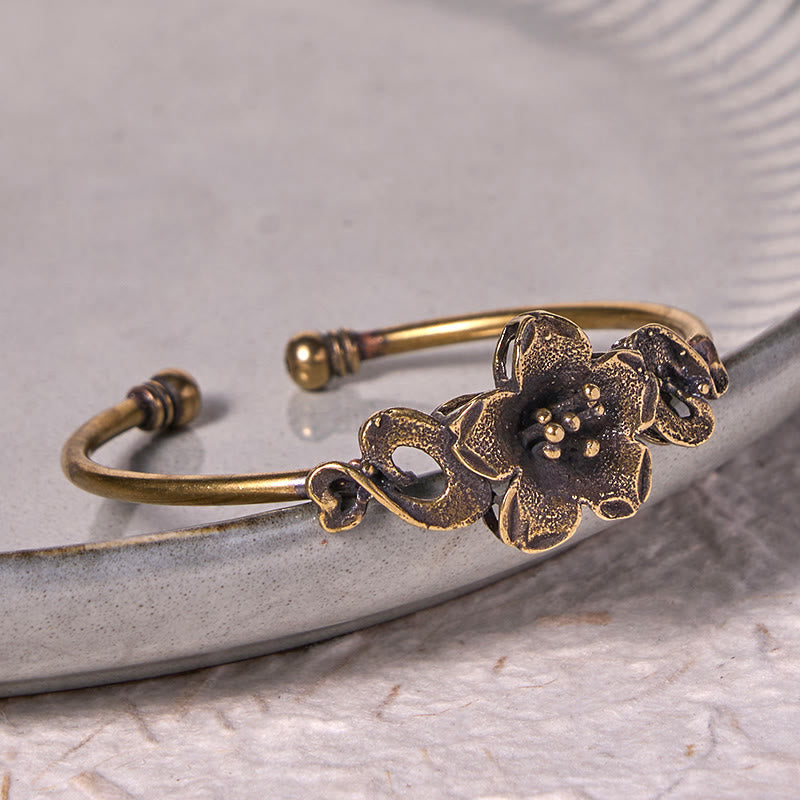 Fortune Jewel Flowers Leaves Copper Brass Luck Healing Cuff Bracelet Bangle