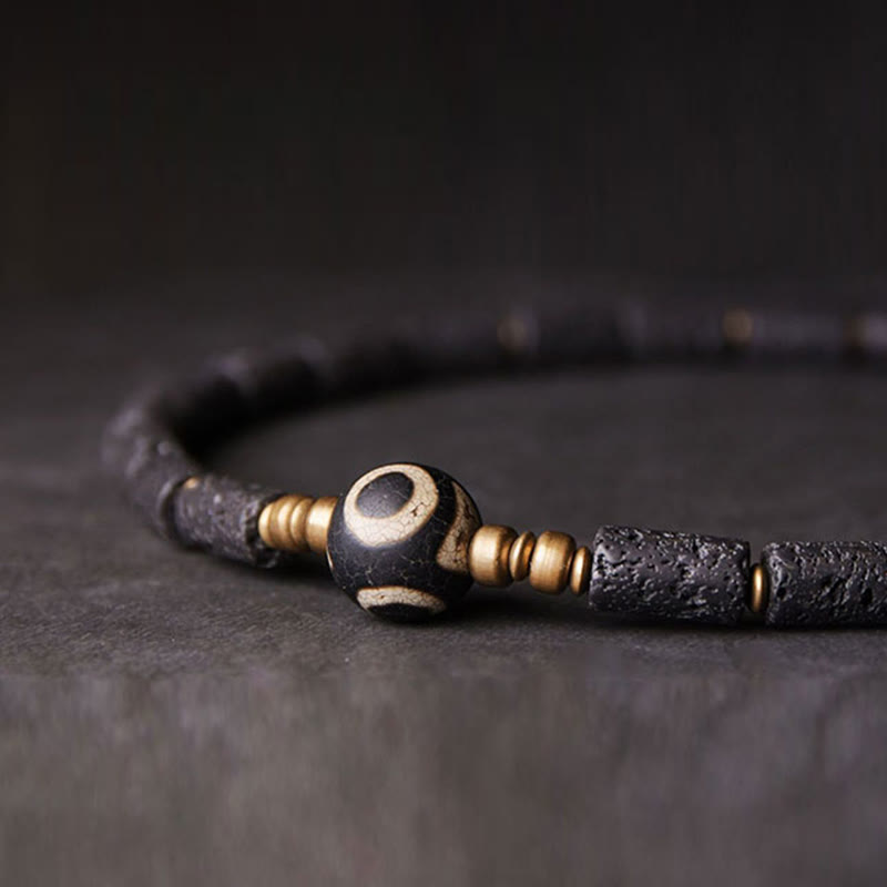 Fortune Jewel Vintage Lava Rock Three-eyed Dzi Bead Copper Brass Multi-turn Wrap Calm Bracelet