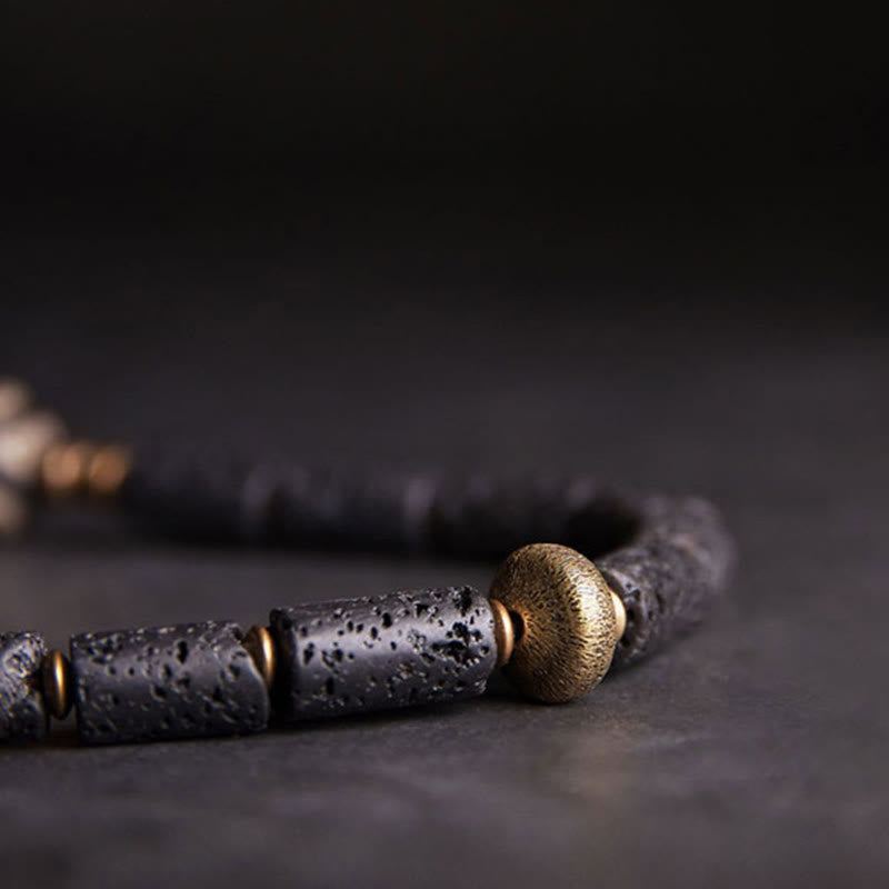 Fortune Jewel Vintage Lava Rock Three-eyed Dzi Bead Copper Brass Multi-turn Wrap Calm Bracelet