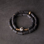Fortune Jewel Vintage Lava Rock Three-eyed Dzi Bead Copper Brass Multi-turn Wrap Calm Bracelet