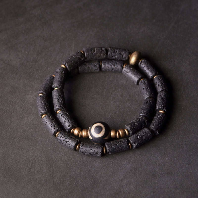Fortune Jewel Vintage Lava Rock Three-eyed Dzi Bead Copper Brass Multi-turn Wrap Calm Bracelet