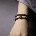 Fortune Jewel Vintage Lava Rock Three-eyed Dzi Bead Copper Brass Multi-turn Wrap Calm Bracelet