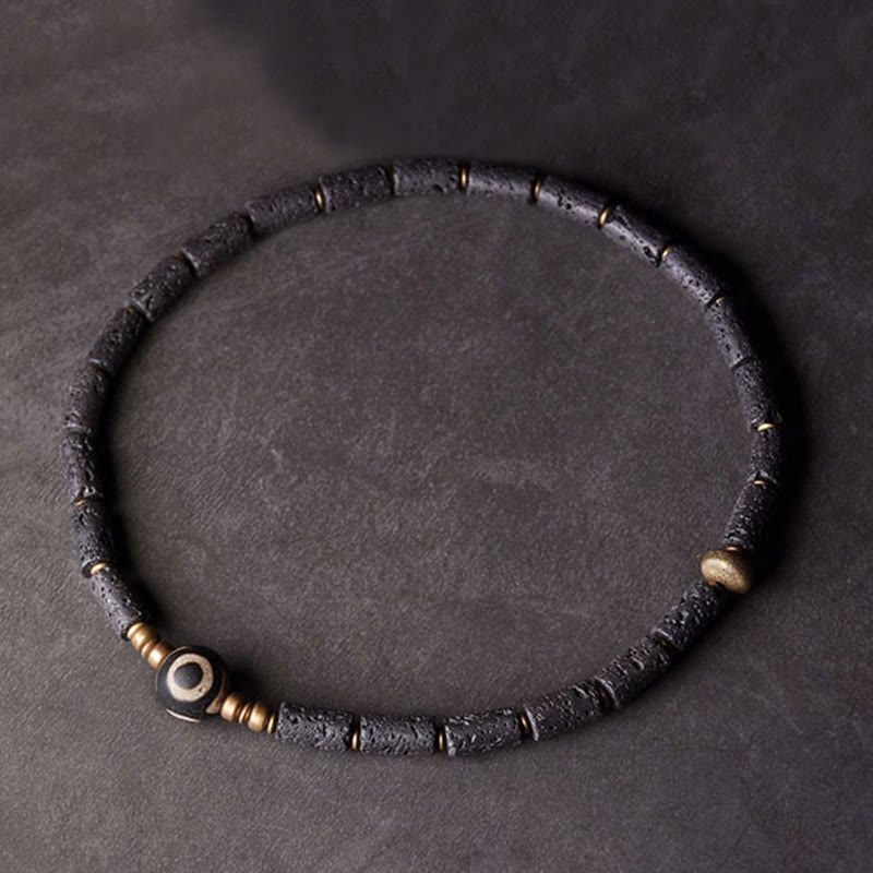 Fortune Jewel Vintage Lava Rock Three-eyed Dzi Bead Copper Brass Multi-turn Wrap Calm Bracelet