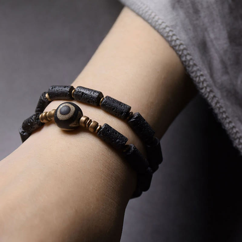 Fortune Jewel Vintage Lava Rock Three-eyed Dzi Bead Copper Brass Multi-turn Wrap Calm Bracelet