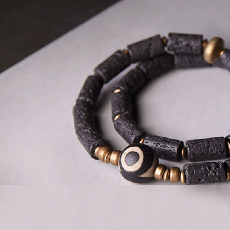 Fortune Jewel Vintage Lava Rock Three-eyed Dzi Bead Copper Brass Multi-turn Wrap Calm Bracelet