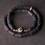 Fortune Jewel Vintage Lava Rock Three-eyed Dzi Bead Copper Brass Multi-turn Wrap Calm Bracelet