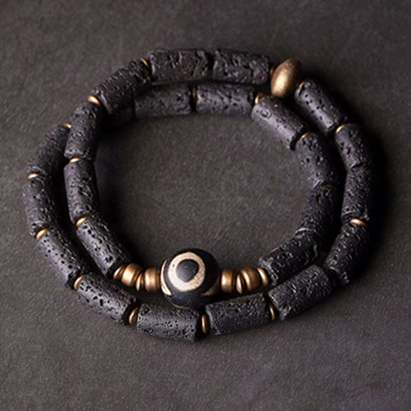 Fortune Jewel Vintage Lava Rock Three-eyed Dzi Bead Copper Brass Multi-turn Wrap Calm Bracelet