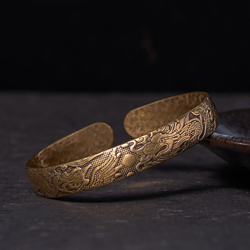 Fortune Jewel Dragon And Phoenix Playing With A Pearl Carved Copper Brass Luck Protection Bracelet Bangle