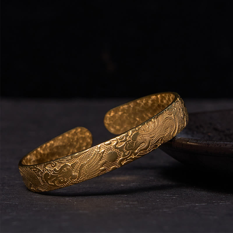 Fortune Jewel Dragon And Phoenix Playing With A Pearl Carved Copper Brass Luck Protection Bracelet Bangle