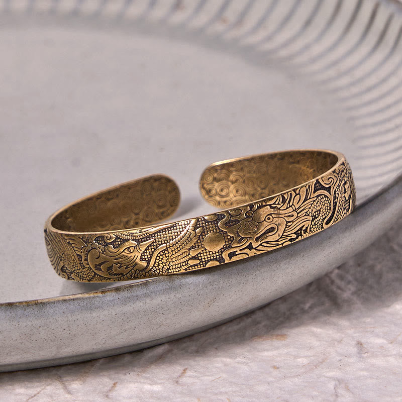 Fortune Jewel Dragon And Phoenix Playing With A Pearl Carved Copper Brass Luck Protection Bracelet Bangle
