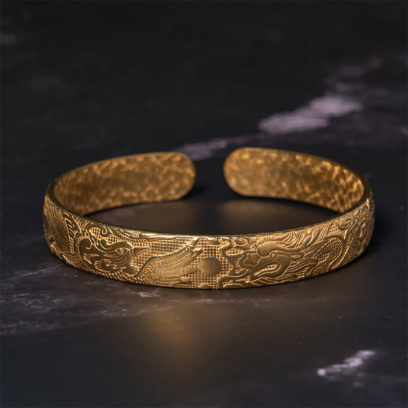 Fortune Jewel Dragon And Phoenix Playing With A Pearl Carved Copper Brass Luck Protection Bracelet Bangle