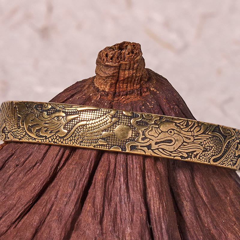 Fortune Jewel Dragon And Phoenix Playing With A Pearl Carved Copper Brass Luck Protection Bracelet Bangle