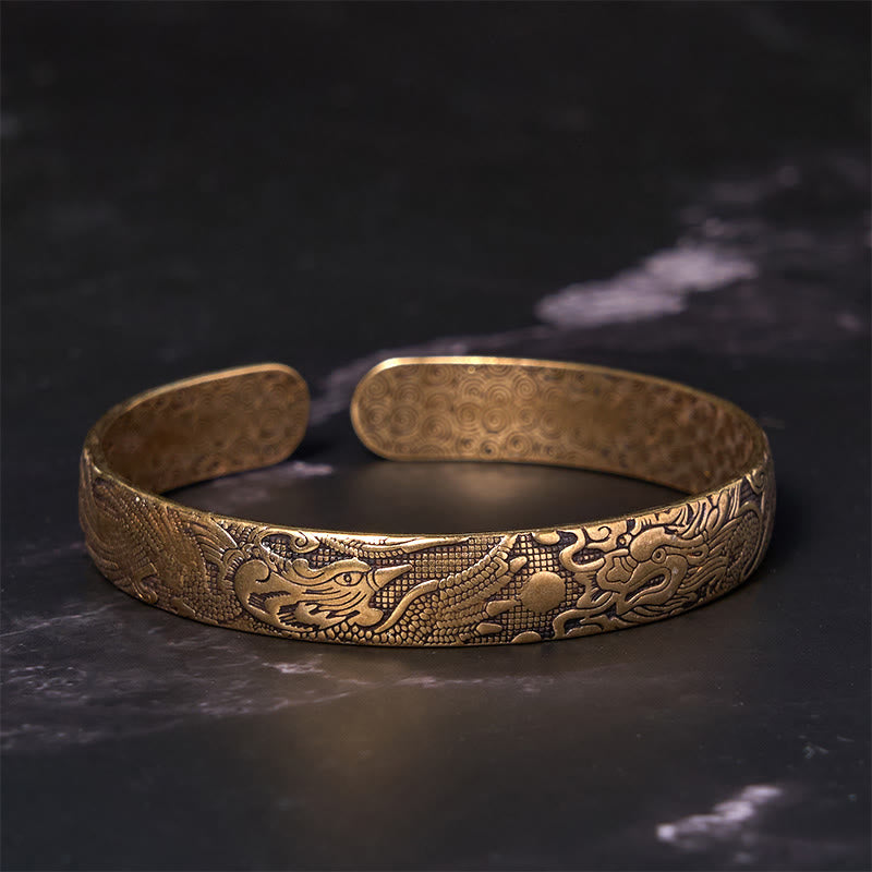 Fortune Jewel Dragon And Phoenix Playing With A Pearl Carved Copper Brass Luck Protection Bracelet Bangle